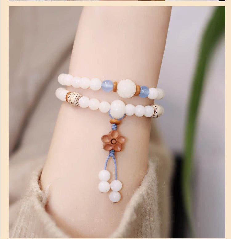 White Jade Bodhi Bracelet with Sterling Silver Charm
