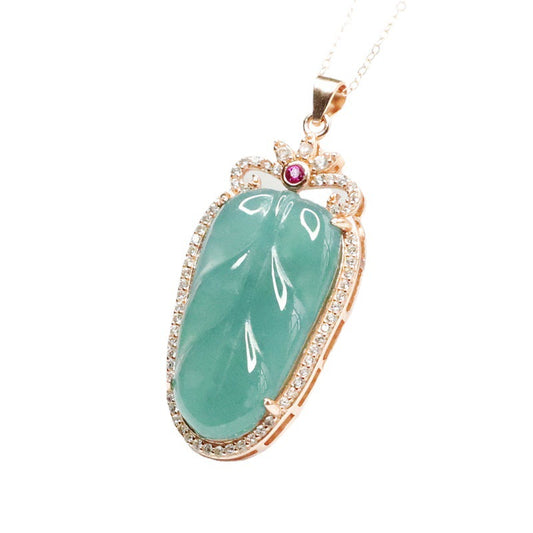 Ice Blue Green Leaf Sterling Silver Zircon Necklace with Jadeite Gemstone