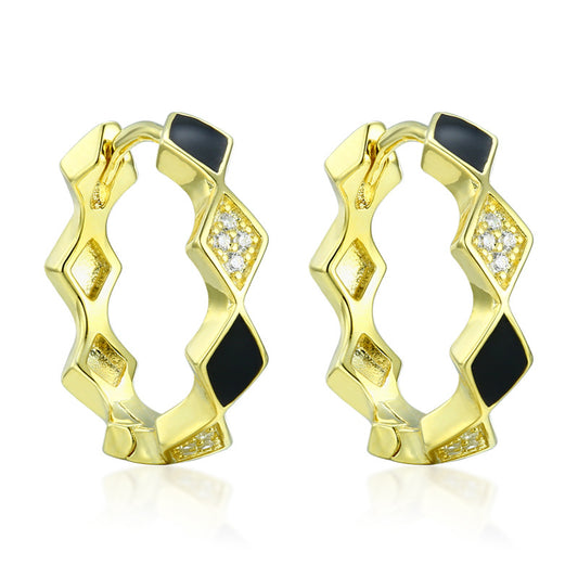 Black Rhombus Shape Design Zircon Sterling Silver Hoop Earrings