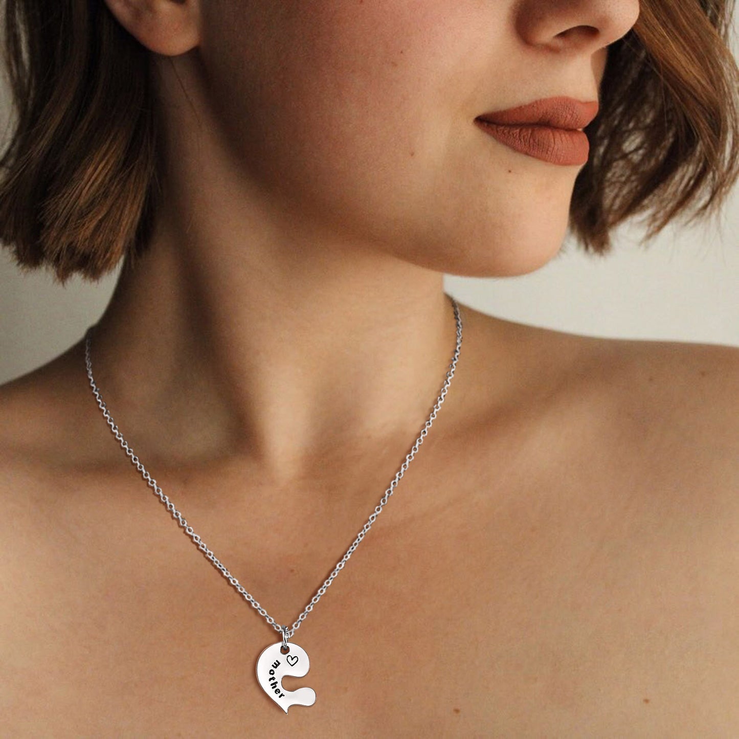 Stainless Steel Mother Daughter Puzzle Heart Pendant Necklace