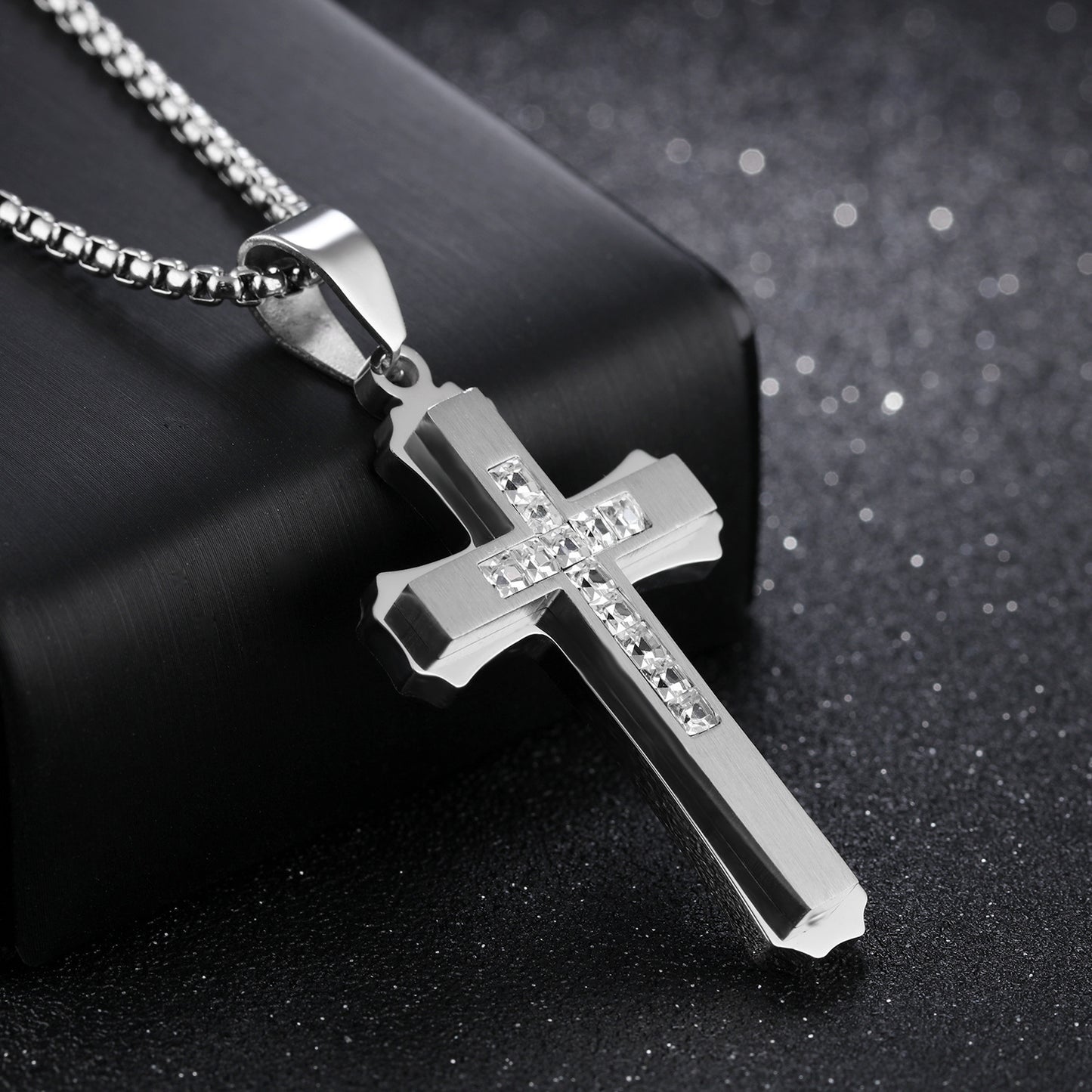 Planderful Titanium Steel Cross Pendant Necklace For Men, Double Layer 3D Punk Style