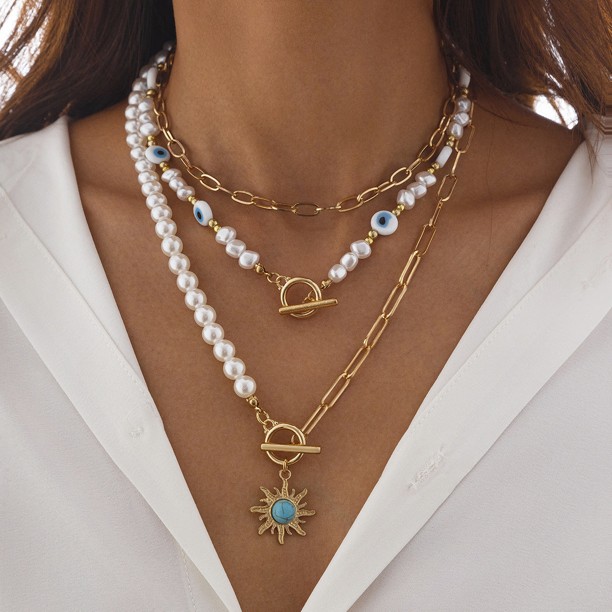 Court Retro Devil'S Eye Necklace Sun Pendant Irregular Pearl Multi-Layer Stacked Necklace