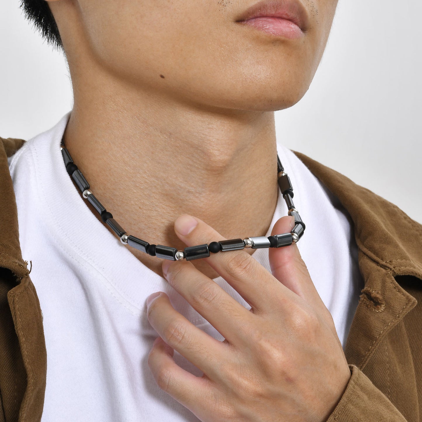 Men's Jewelry Stainless Steel Frosted Agate Beaded Necklace