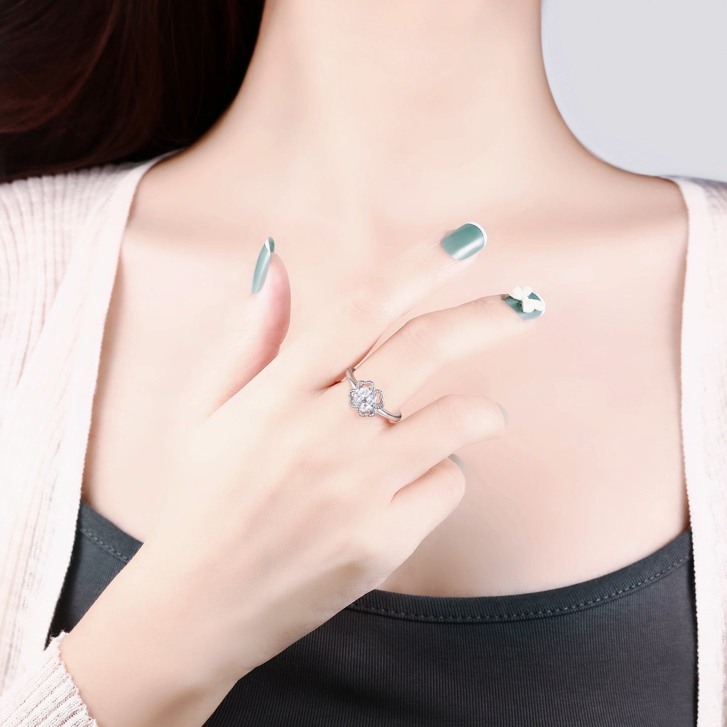 S925 Sterling Silver Four-Leaf Clover Ring Women's Luxury Jewelry