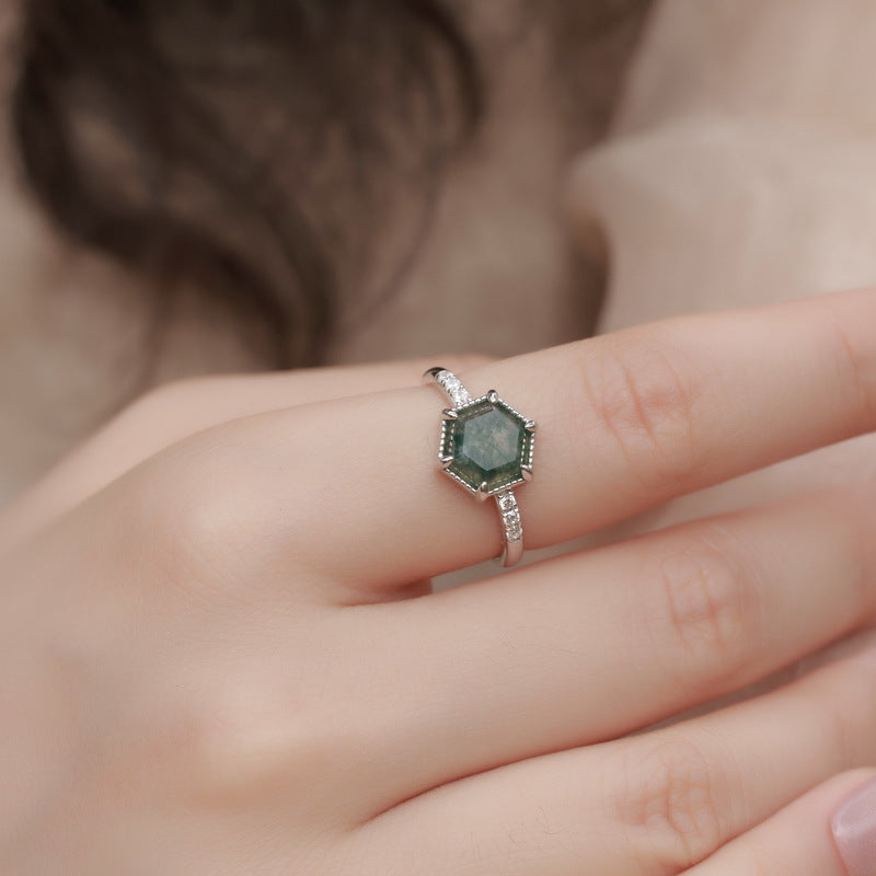 Planderful Jewelry Green Moss Agate Ring In Sterling Silver S925 Elegant Everyday Wearable Gem