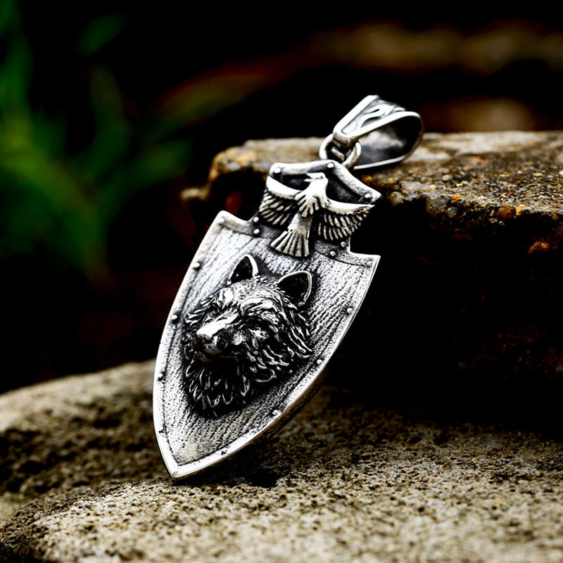 Retro Eagle Shield Pendant - Men's Titanium Steel Jewelry with Stainless Steel Wolf Head Design