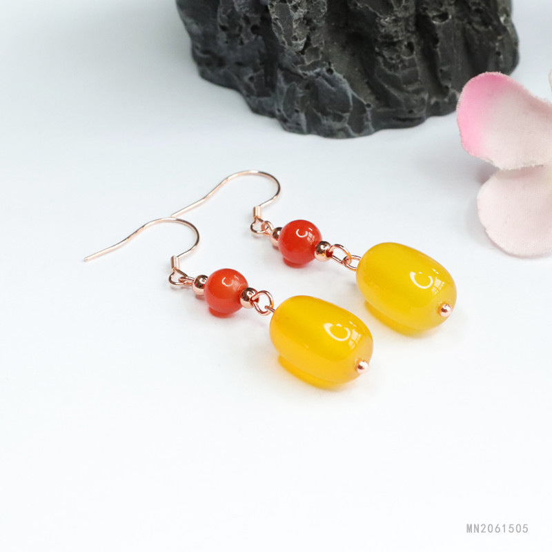Yellow Chalcedony Barrel Bead 925 Silver Hook Earrings