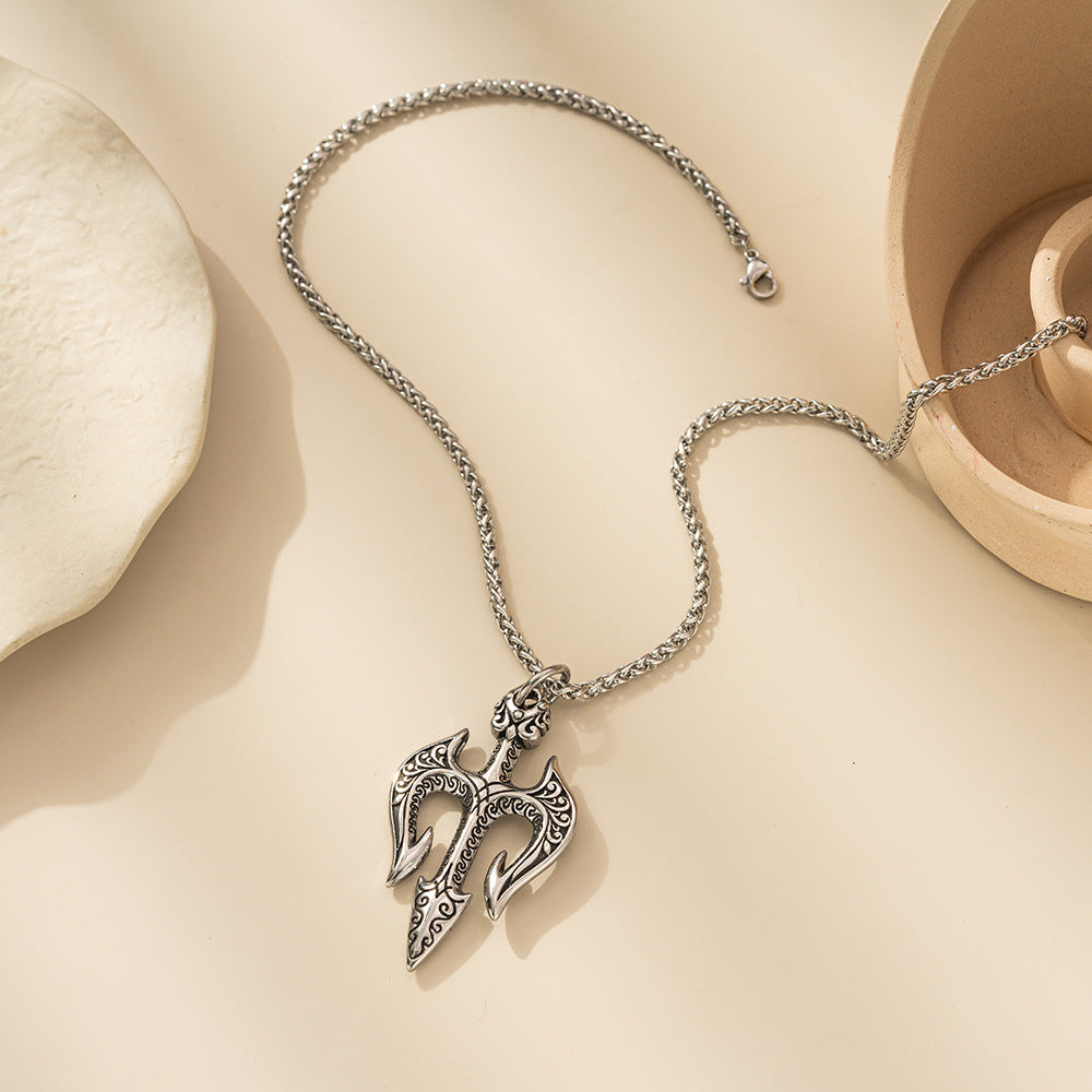 Stainless Steel Neptune Trident Necklace By Planderful For Men And Teens Bold Retro Pendant
