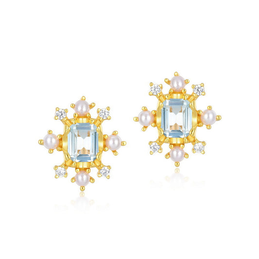 Vintage Pearl Zircon Snowflake with Rectangle Sky Blue Topaz Sterling Silver Stud Earrings