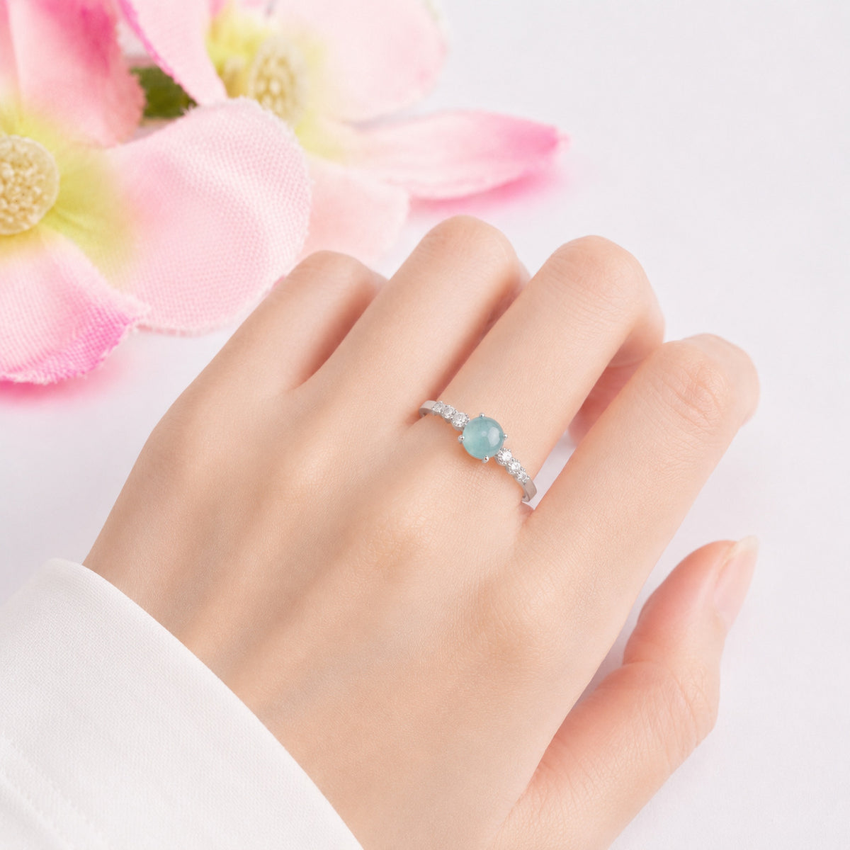Blue Water Jadeite Six-Accent Ring