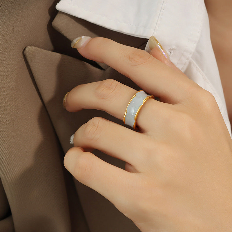 Niche Fashion Titanium Steel Open Ring in Morandi Blue and White