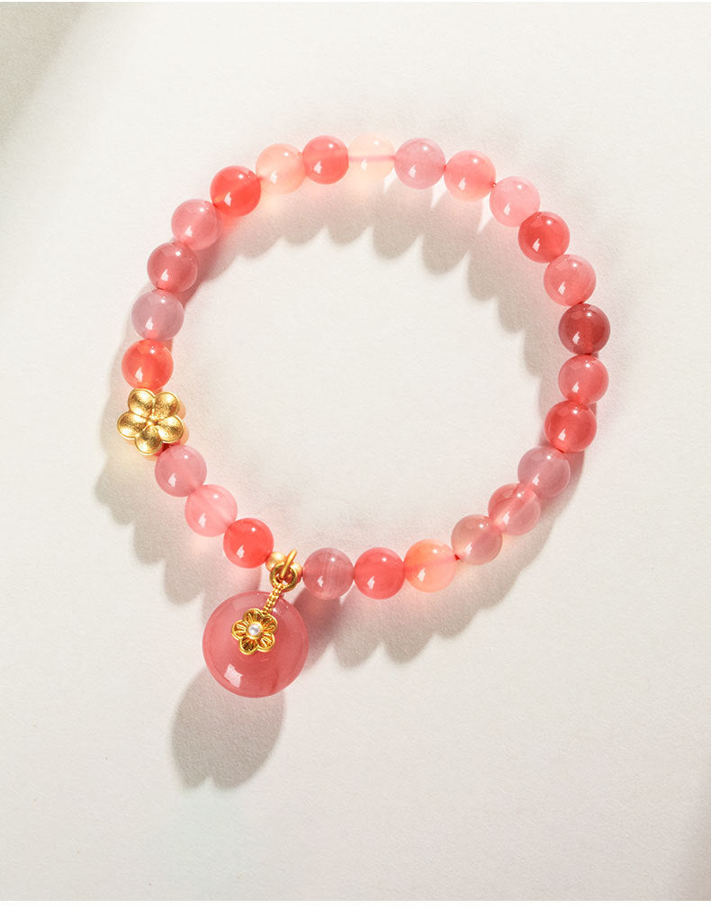 Peach Blossom Crystal and Agate Sterling Silver Bracelet With Safety Clasp