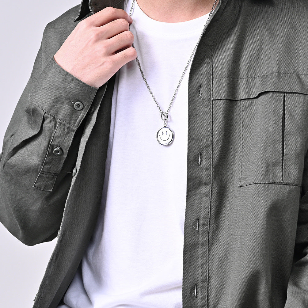 Planderful Rotatable Crying Smiley Face Pendant Necklace Unisex Titanium Steel Collarbone Chain