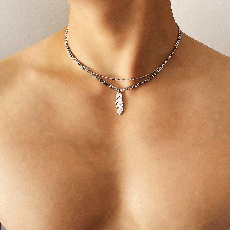Planderful Jewelry Titanium Steel Double Layer Snake Chain Feather Necklace Clavicle Pendant