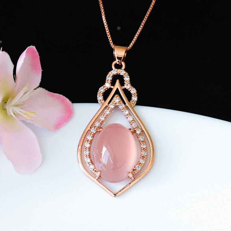 Rose Gold Pendant with Pink and Green Chalcedony Zircon Peach Heart Jewelry