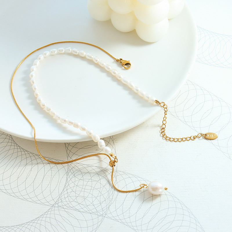 Elegant Snake Bone Chain Necklace with Freshwater Pearls