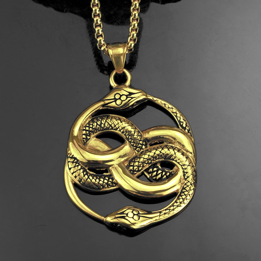 European And American Jewelry Wholesale Titanium Steel Men's Pendant Necklace Retro Double Snake Hip Hop Style