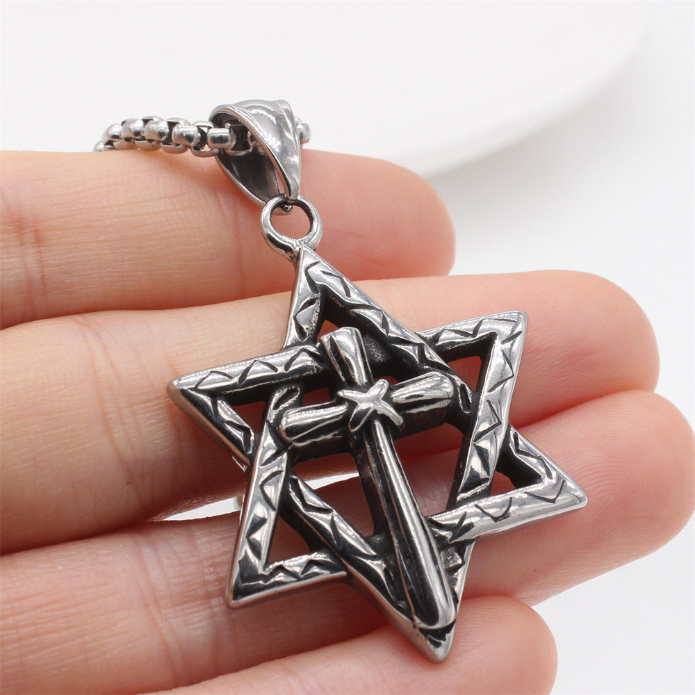 Planderful Everyday Genie – European and American Retro Hexagram Cross Pendant for Men