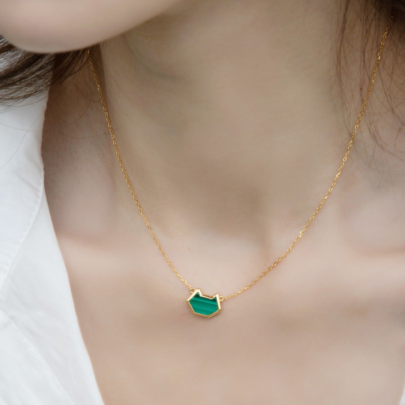 Malachite Simple Kitty Pendant Sterling Silver Necklace