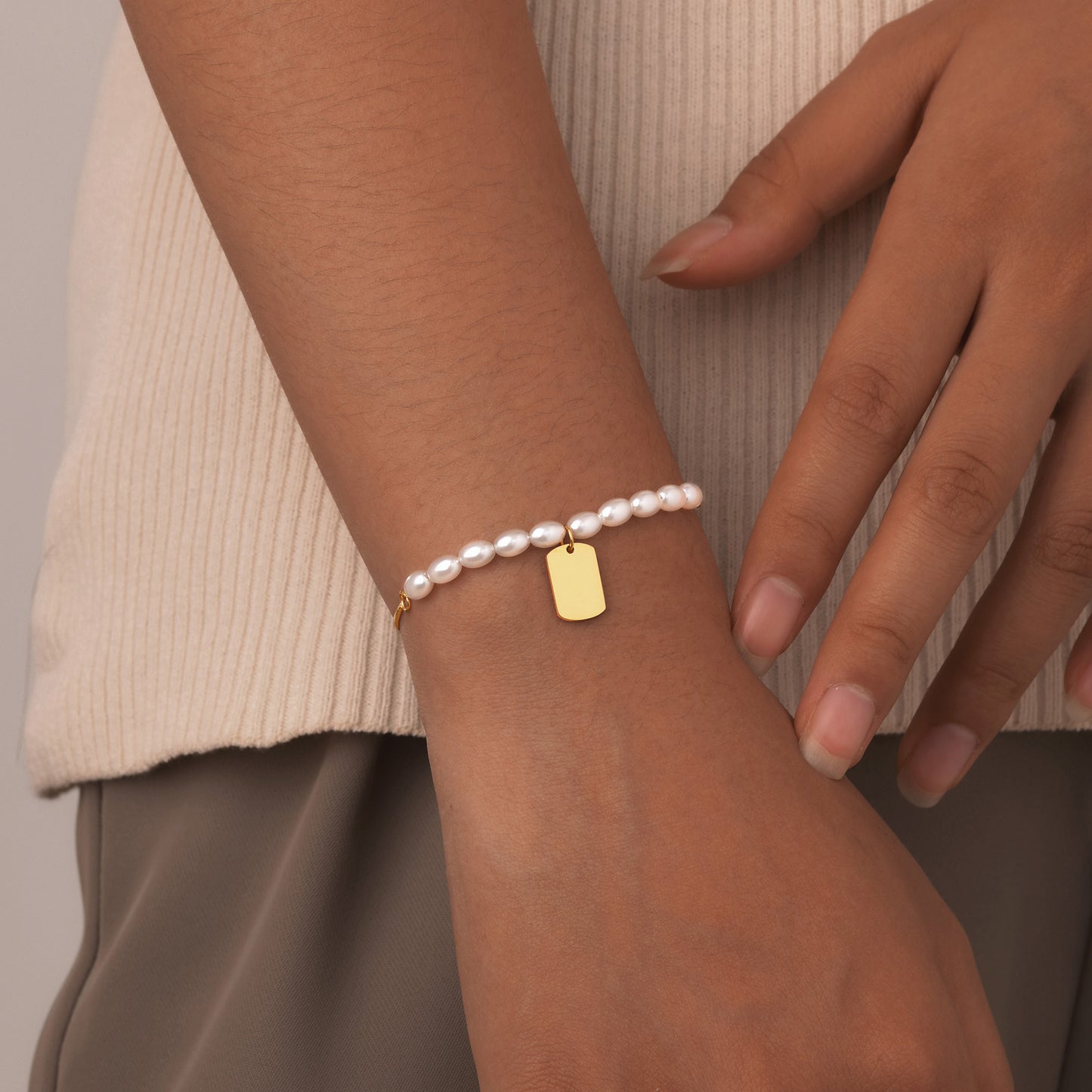 Jewelry Ladies Stainless Steel Square Imitation Pearl Bracelet Gold