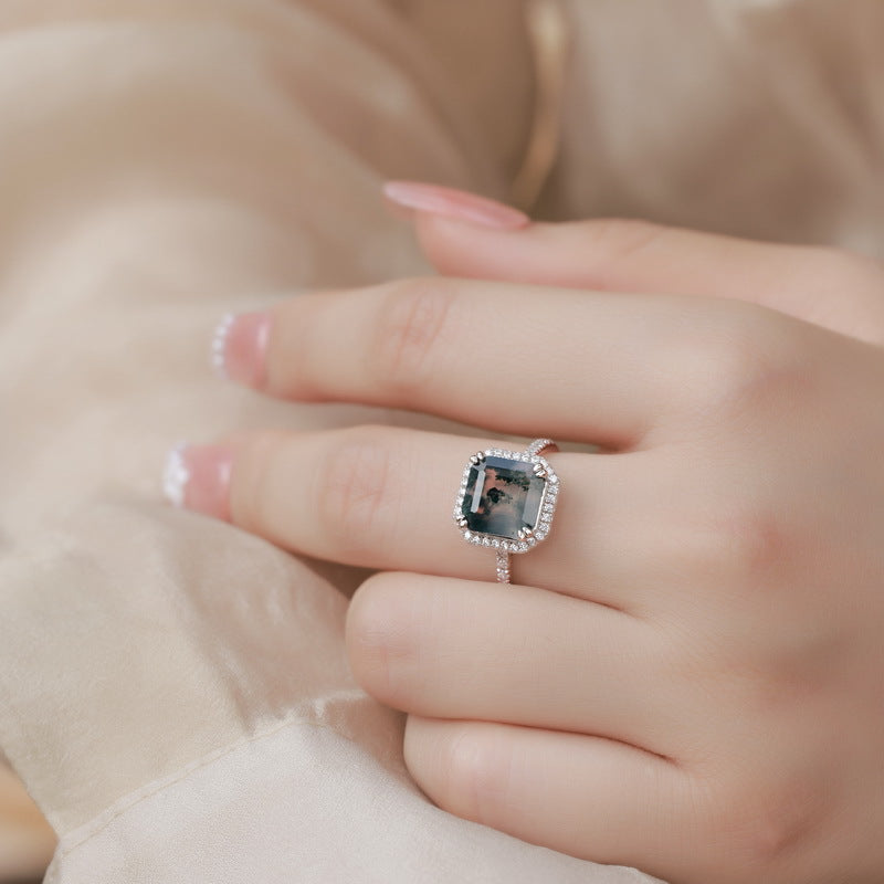 Planderful Jewelry Sterling Silver Ring S925 Green Moss Agate Retro Square Design For Women