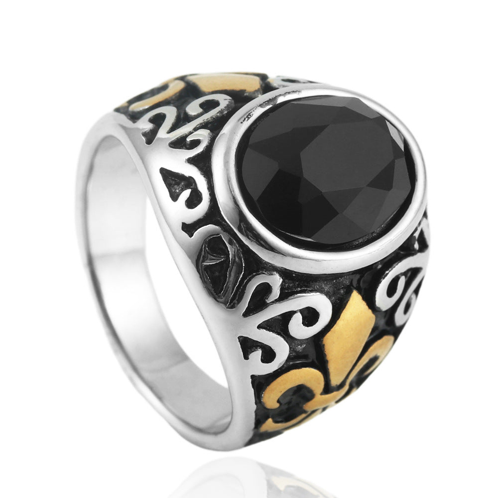 Punk Retro Multi-Color Stone Titanium Steel Ring for Men - Floral Design