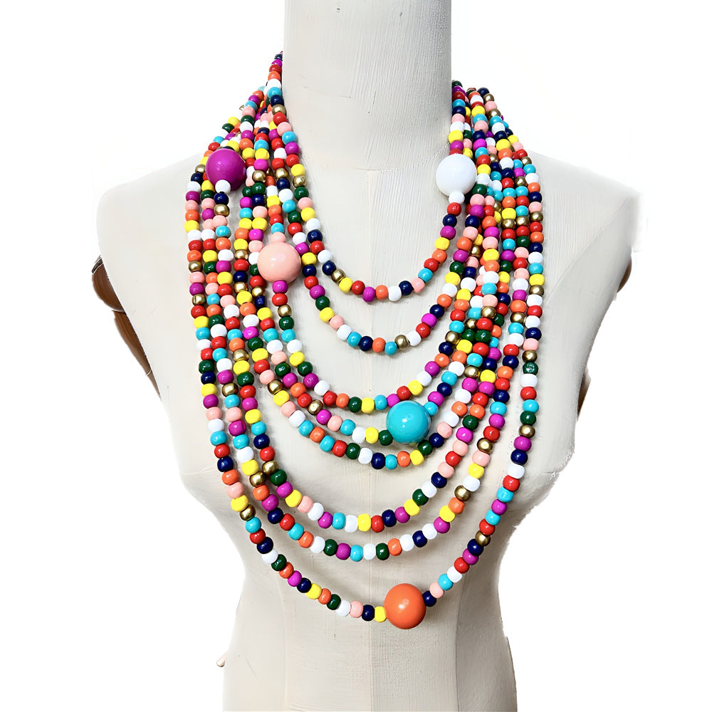 North American Inspired Multi-layer Wooden Bead Necklace with Exaggerated Cross-border Jewelry Elements