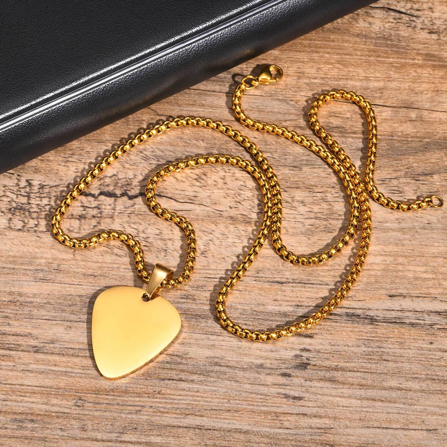 Stainless Steel Light Guitar Pick Pendant Black Necklace