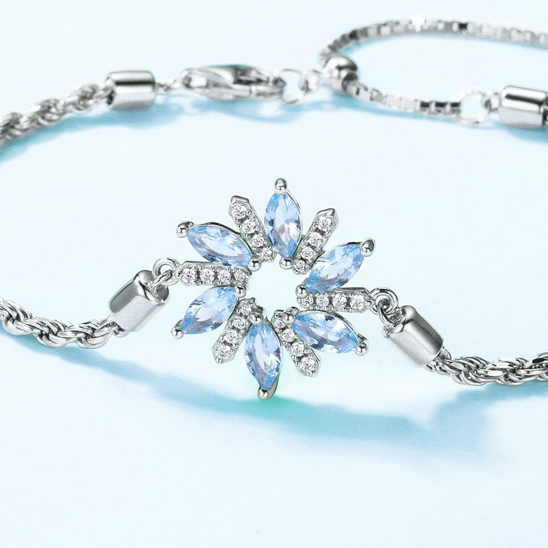 Winter Snowflake Marquise Shape Blue Zircon Sterling Silver Bracelet