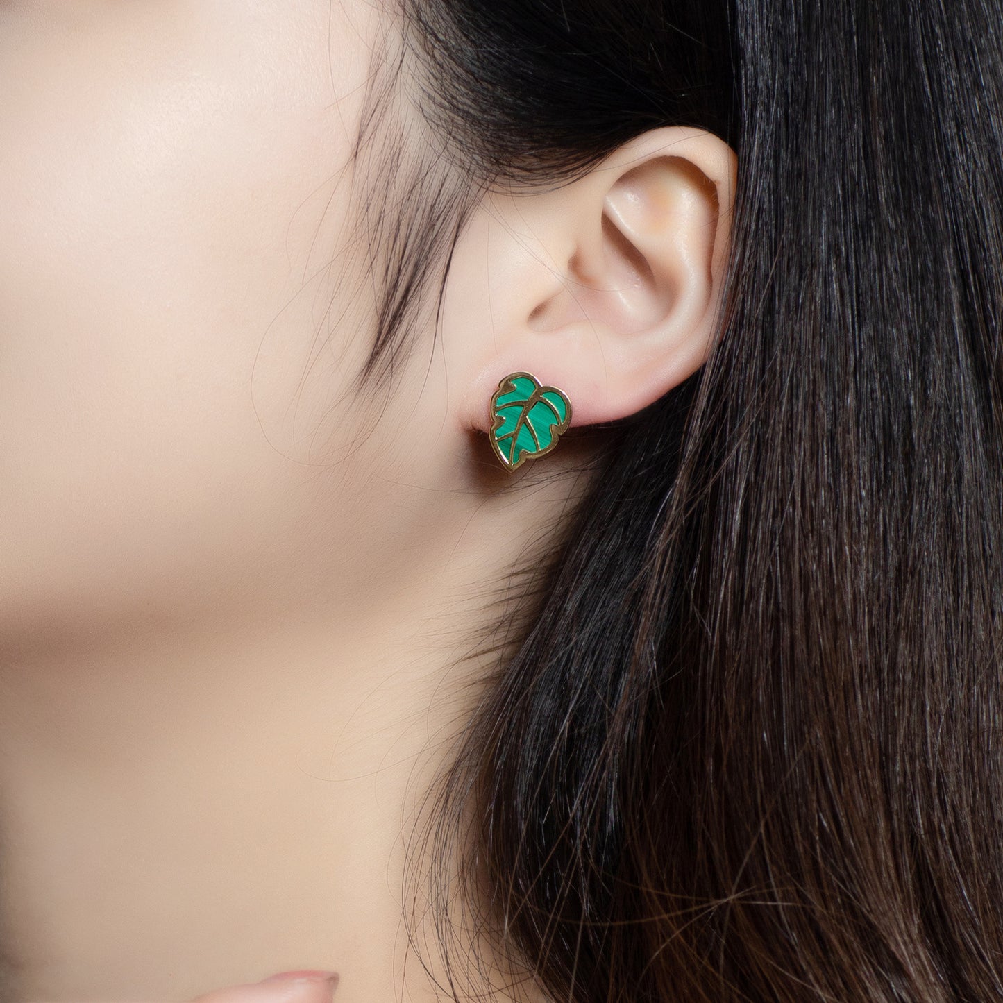 Malachite Turtle Shell Bamboo Leaf Sterling Silver Stud Earrings