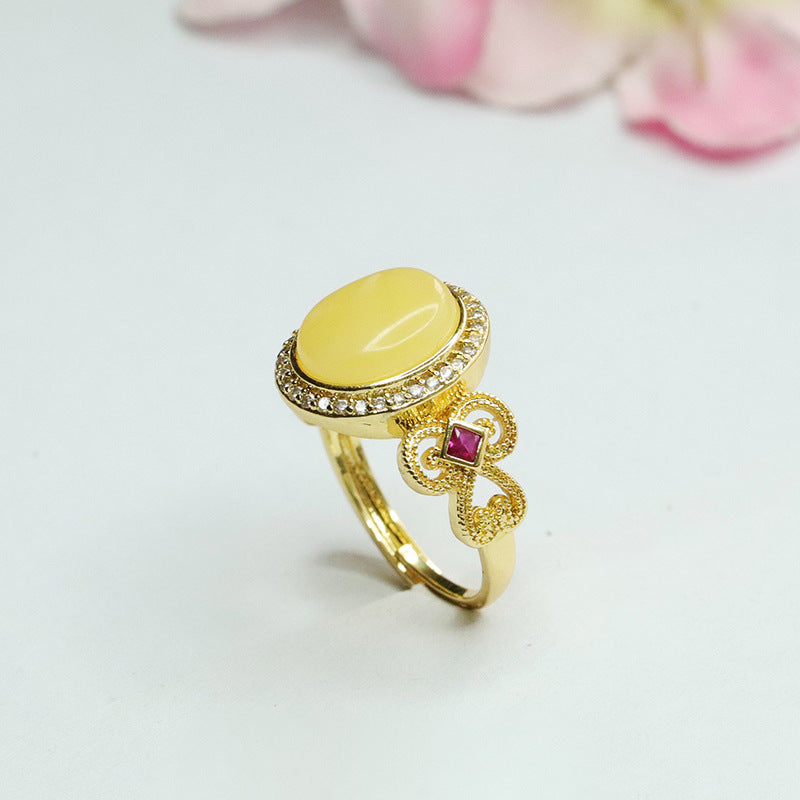 Organic Oval Honeycomb Amber Zircon Halo Vintage Ring