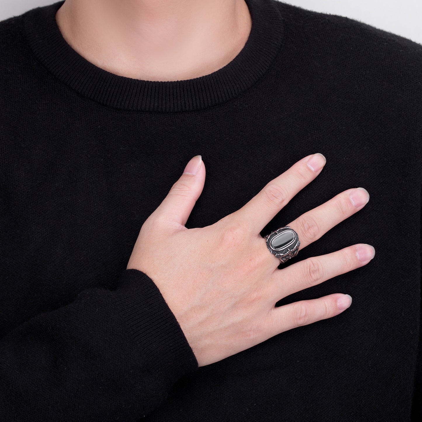 Black Agate Ring - Statement Mens Ring