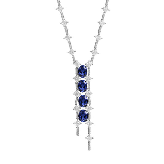 Oval Lab Created Sapphire Beading Tassle Silver Necklace