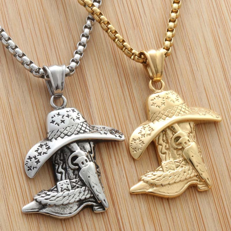 Personalized Titanium Steel Cowboy Hat Pendant Necklace for Trendy Men - Punk Style Shoes Charm