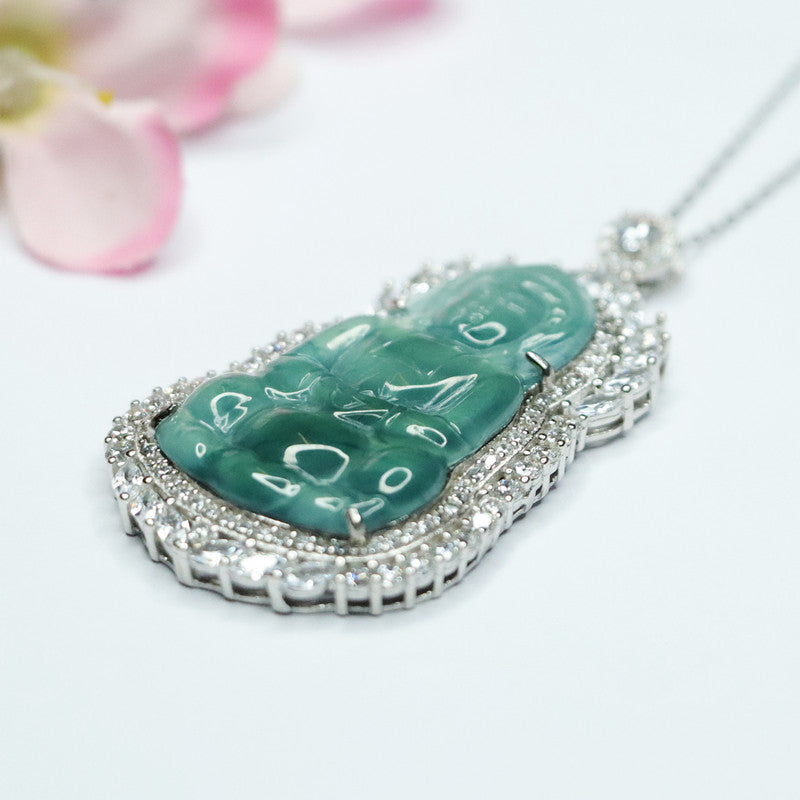 Icy Blue Jadeite Guanyin Silver Pendant — No Chain