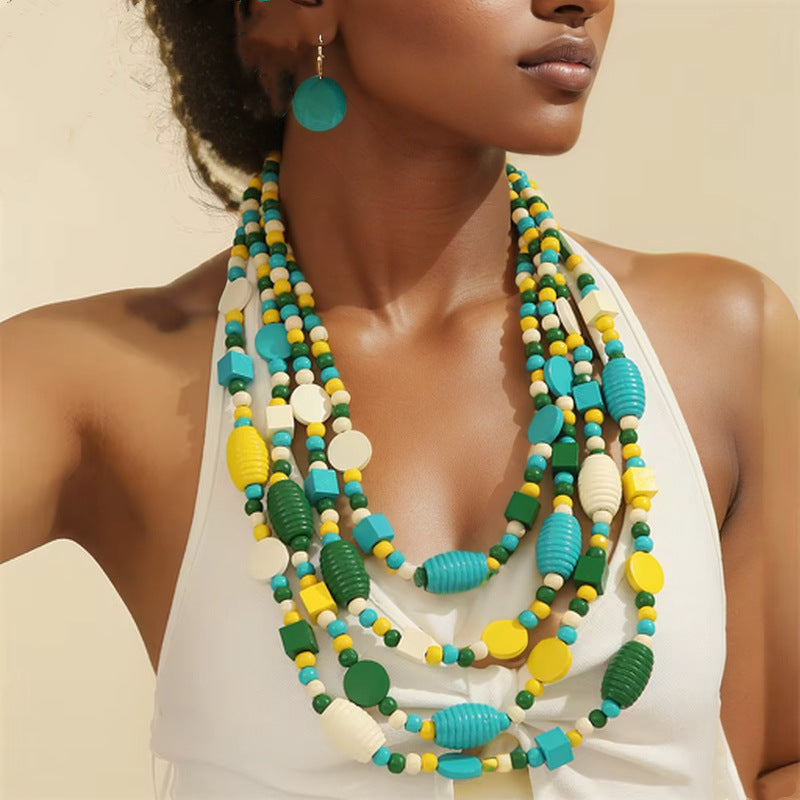 Planderful Savanna Rhythms Necklace and Earrings Set – Vibrant Bohemian Style with Multi-Layer Wood Beads