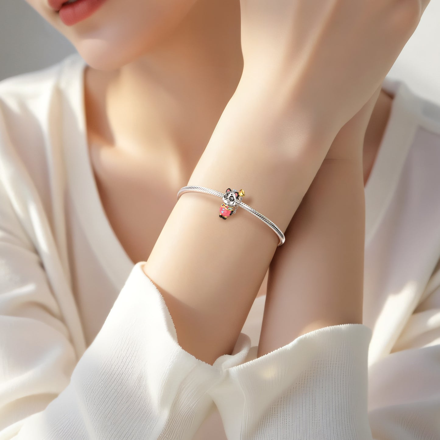 Planderful Jewelry Sterling Silver Beading Pendant Bracelet With 14K Gold Plating And Panda Beads