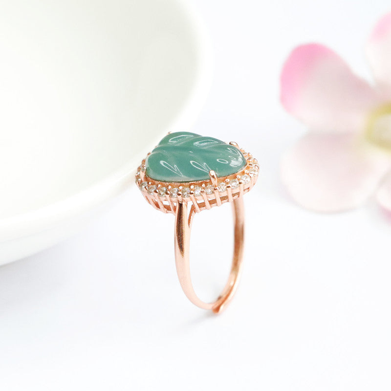 Ice Blue Green Leaves Jade Sterling Silver Ring