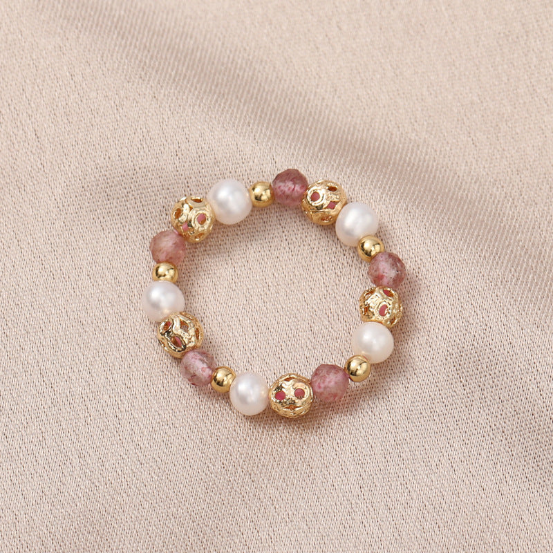 Strawberry Crystal and Freshwater Pearl Sterling Silver Ring