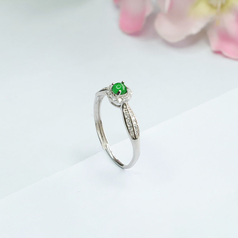 Sterling Silver Double Row Zircon Ring with Natural Ice Green Jade