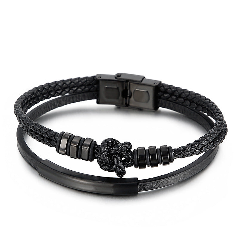Planderful Handwoven Mens Leather Rope Bracelet Stainless