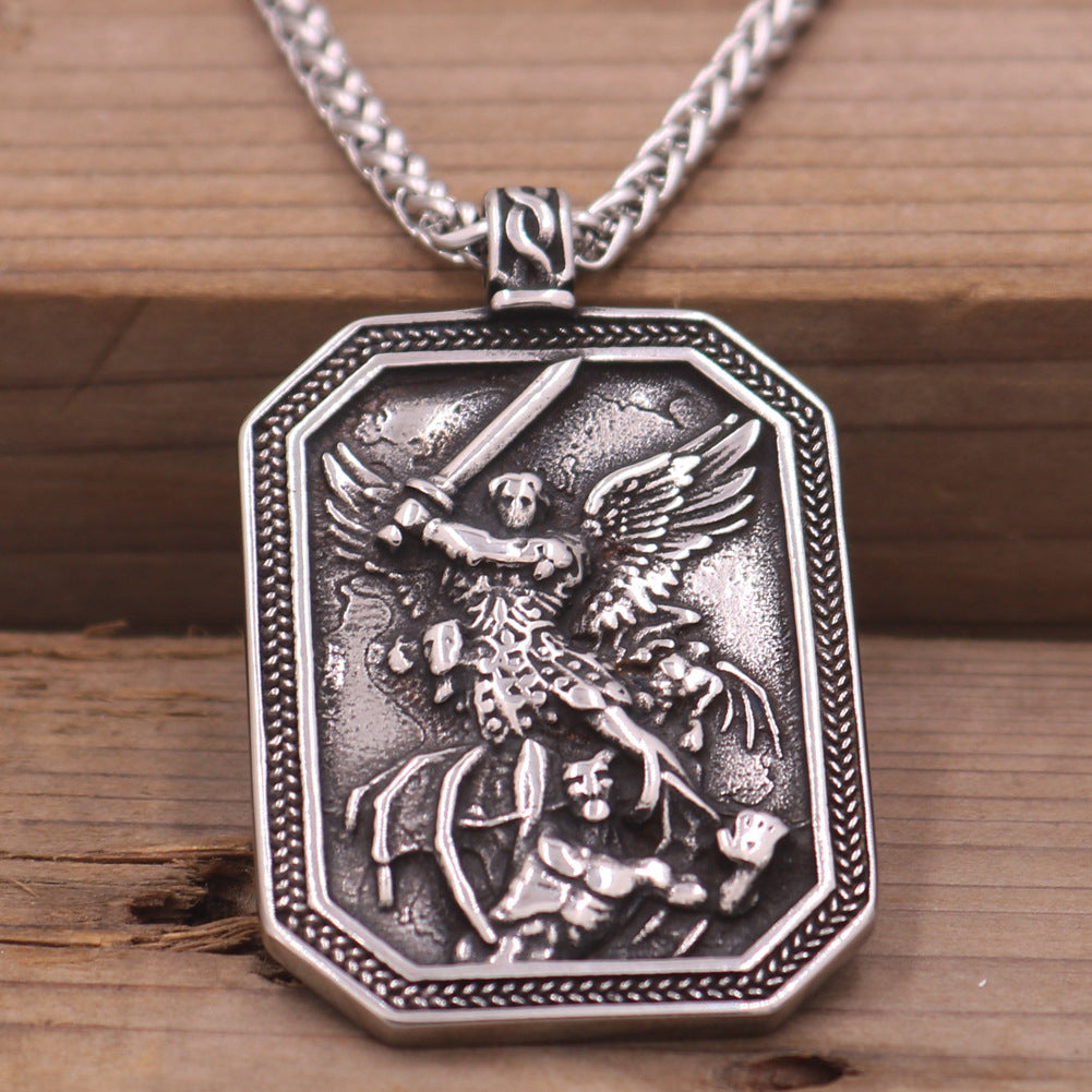 Guardian Angel Vintage Steel Pendant Necklace for Men with Long Sweater Chain