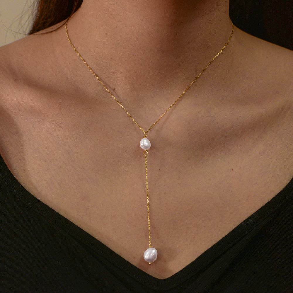 Planderful S925 Sterling Silver Y Shaped Pearl Necklace For Women Elegant Collarbone Jewelry