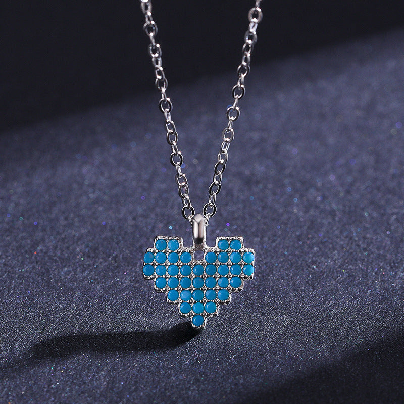 Elegant Heart-shaped Turquoise and Zircon Silver Necklace