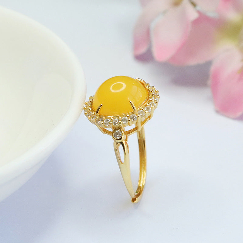 Natural Beeswax Amber Zircon Sterling Silver Halo Ring - Adjustable Diameter