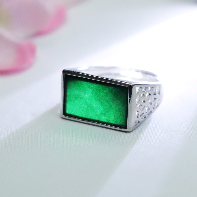 Sterling Silver Adjustable Natural Black-Green Jade Saddle Ring