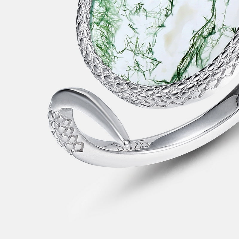 S925 Sterling Silver Moss Agate Snake Ring