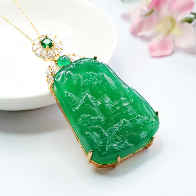 Golden Necklace with Natural Trapezoid Green Chalcedony Landscape Carving Pendant and Zircon Accents