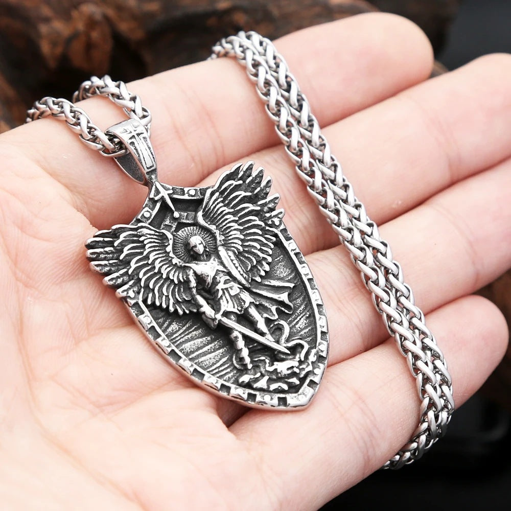 1. Planderful Saint Michael Necklace Stainless Steel With God Of War Pendant For Men