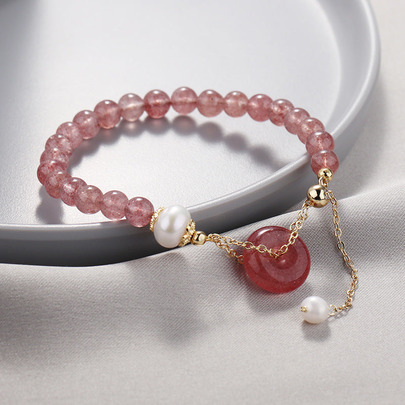 Strawberry Crystal and Freshwater Pearl Sterling Silver Bracelet with Safe Buckle